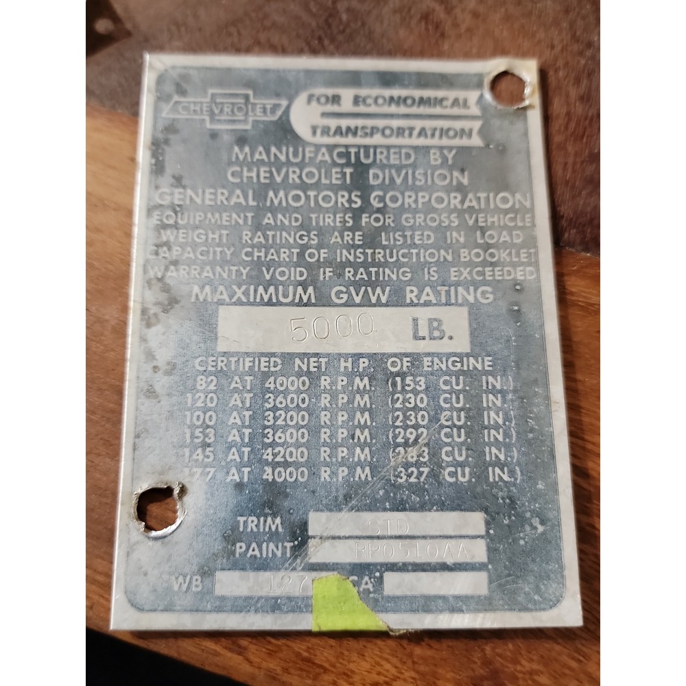 1965 Chevrolet Chevy Data Plate Original Vintage GM 5000 LB GVW Rating